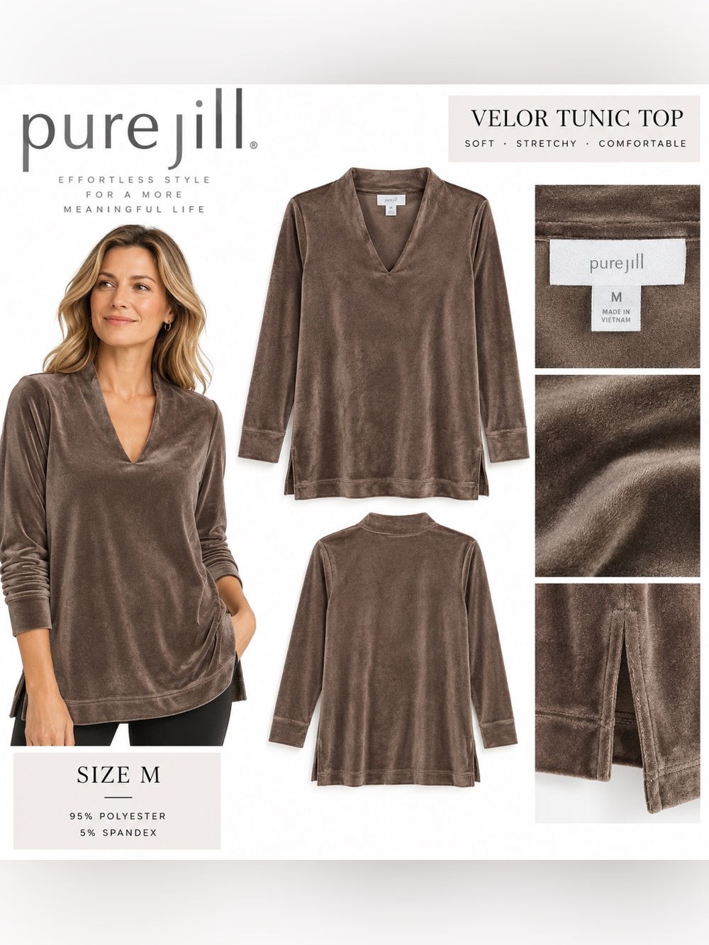Pure Jill Velour Tunic Top Women’s Medium Brown V-Neck Long Sleeve